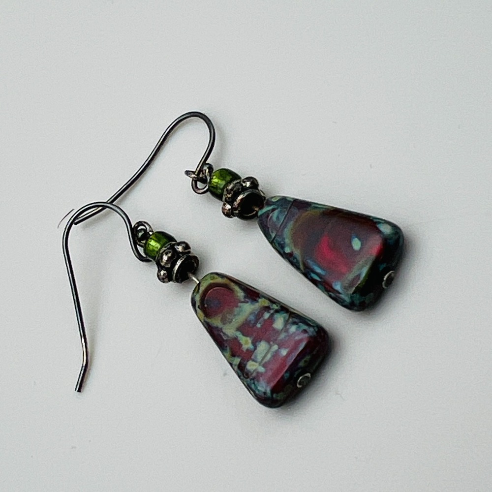Dangle Earrings Iridescent Glass Drop Black Pink Green Artisan Boho Abstract - Picture 5 of 7